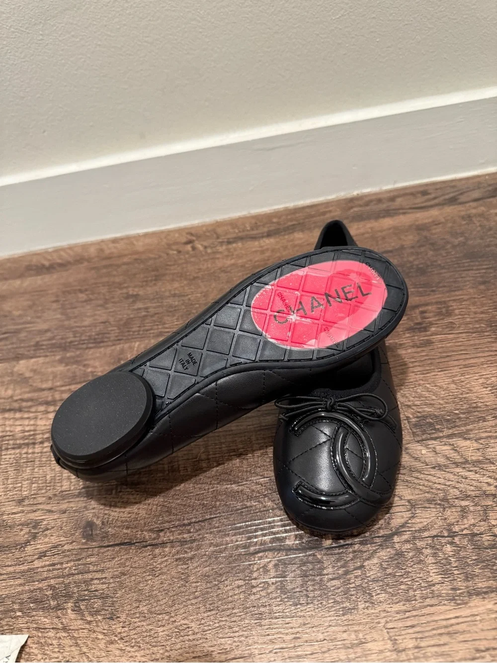 Black Quilted Ballet Flats with Interlocking CC Logo
